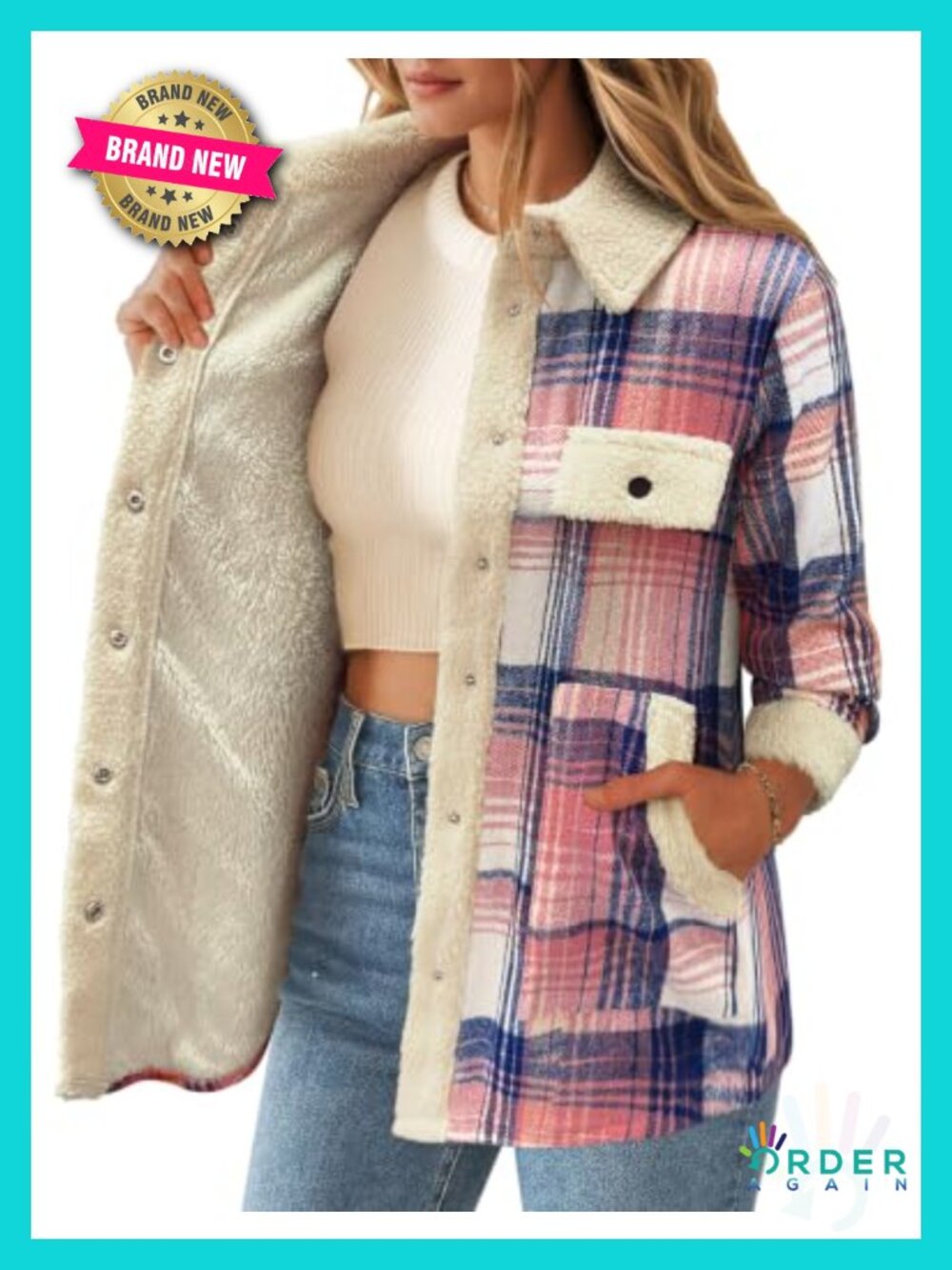 Fleece Lined Plaid Flannel Shacket Snap Button Jacket